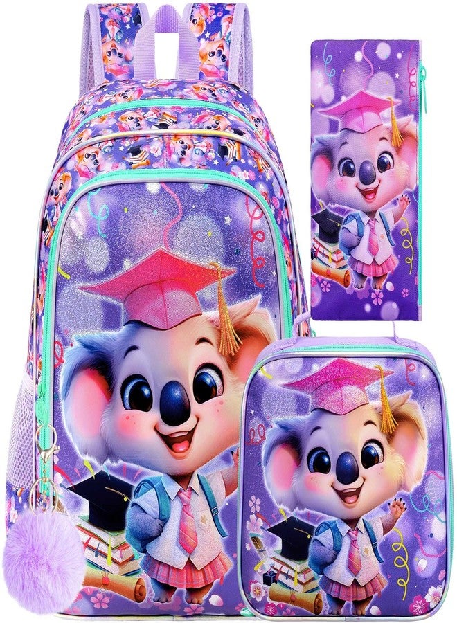 GXTVO 3PCS Koala Bookbag for Girls, 16" Kids Backpack with Lunch Box, Water Resistant Elementary Prechool Toddler Shool Bag - Purple Dr. Koala - Image 1