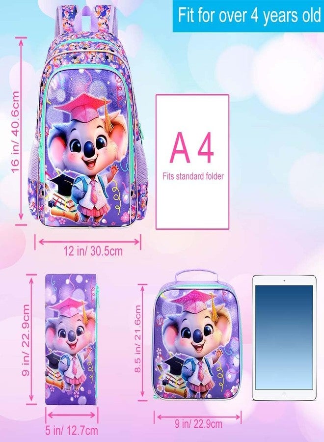 GXTVO 3PCS Koala Bookbag for Girls, 16" Kids Backpack with Lunch Box, Water Resistant Elementary Prechool Toddler Shool Bag - Purple Dr. Koala - Image 4