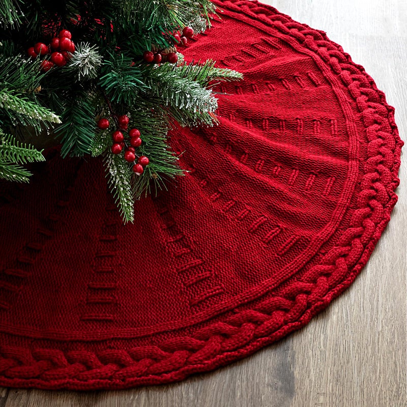 36 inch Christmas Tree Skirt Pencil Tree Skirt for 6ft Tree Braided Cable Knit Wine Red Small Tree Skirt Vintage Tree Skirts Rustic Farmhouse Christmas Decorations