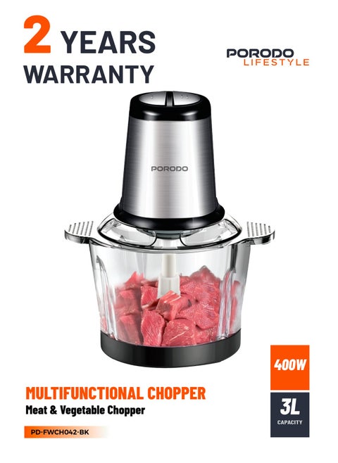 3L Multifunctional Chopper 400W / Meat Chopper / Food Processor / Shreds/Slices/Kneads/ Grinds/ Garlic Peeler - Black