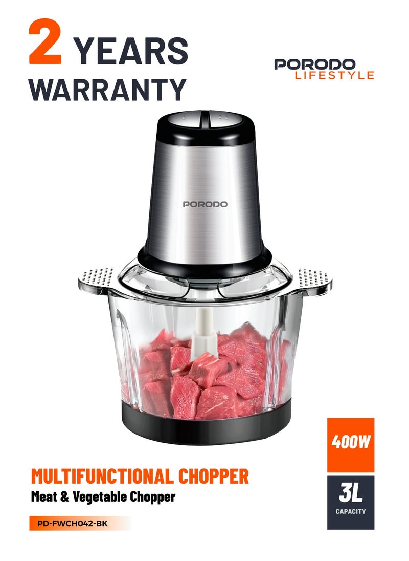porodo - 3L Multifunctional Chopper 400W / Meat Chopper / Food Processor / Shreds/Slices/Kneads/ Grinds/ Garlic Peeler - Black - Image 1