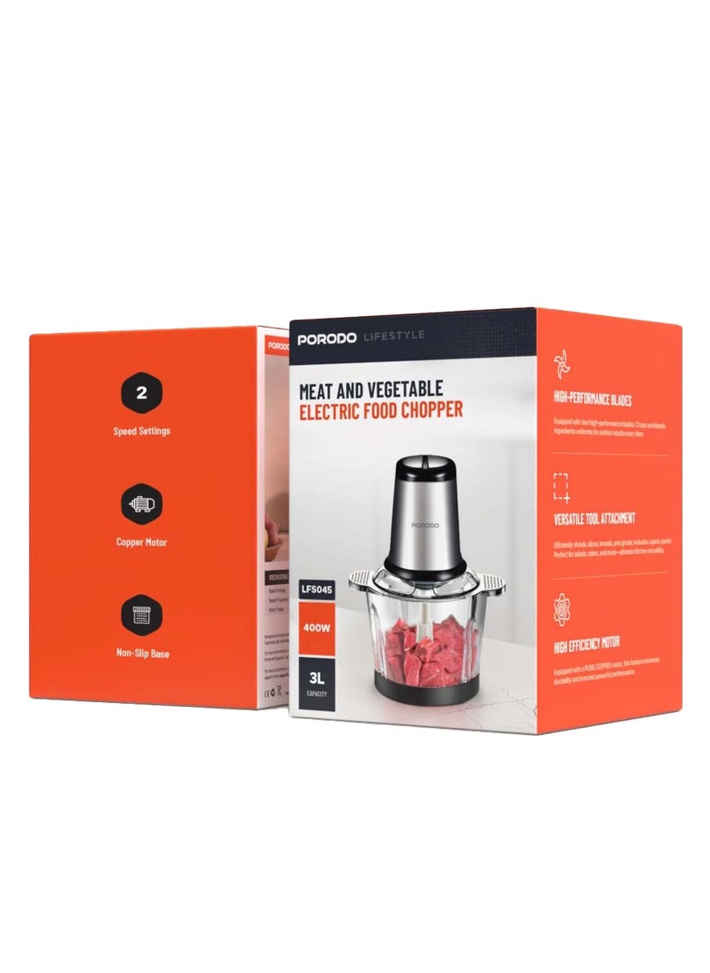 porodo - 3L Multifunctional Chopper 400W / Meat Chopper / Food Processor / Shreds/Slices/Kneads/ Grinds/ Garlic Peeler - Black - Image 1