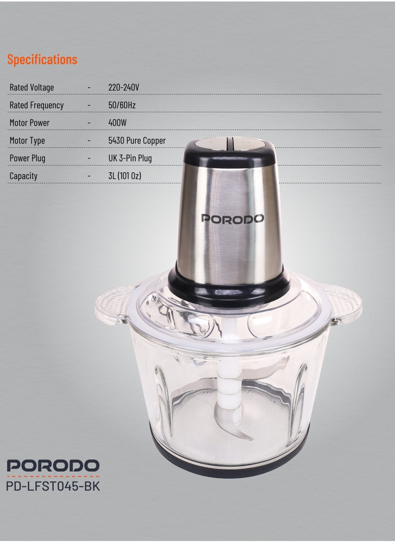 porodo - 3L Multifunctional Chopper 400W / Meat Chopper / Food Processor / Shreds/Slices/Kneads/ Grinds/ Garlic Peeler - Black - Image 1