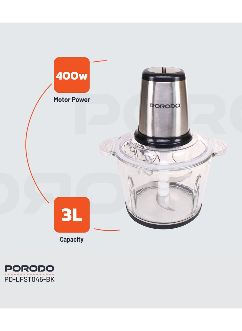 porodo - 3L Multifunctional Chopper 400W / Meat Chopper / Food Processor / Shreds/Slices/Kneads/ Grinds/ Garlic Peeler - Black - Image 1