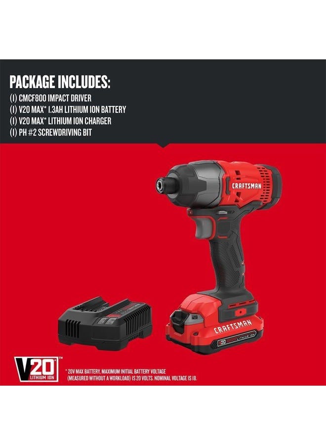CRAFTSMAN 20V MAX Impact Driver Kit, 1/4 Inch, 2,800 RPM, LED Work light, Battery and Charger Included (CMCF800C1) - Image 2
