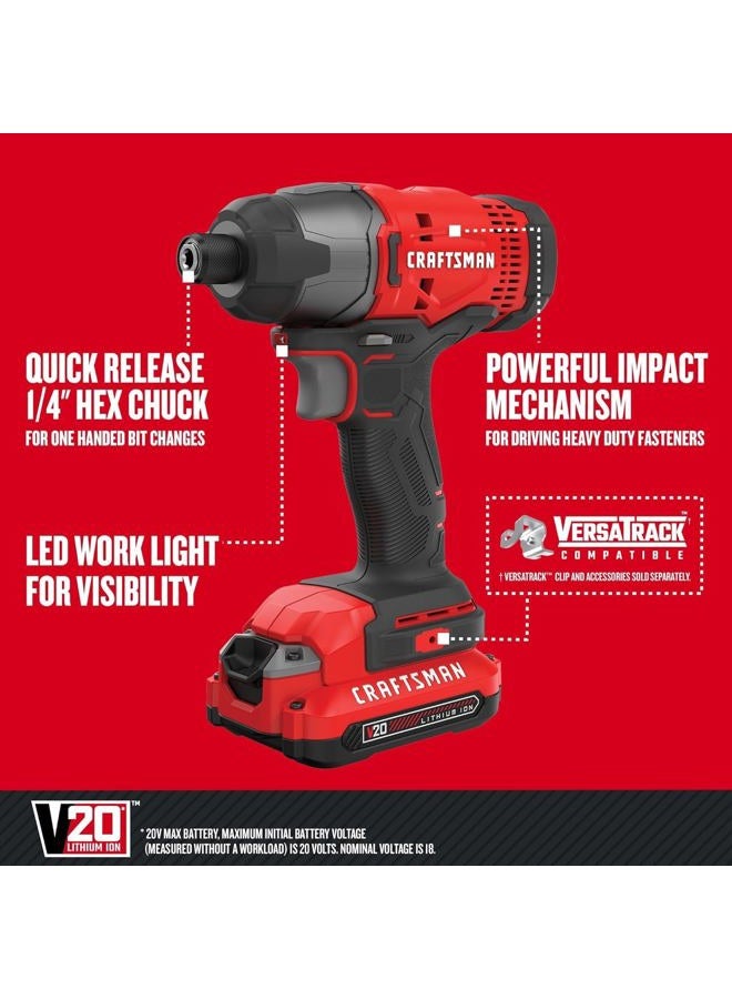CRAFTSMAN 20V MAX Impact Driver Kit, 1/4 Inch, 2,800 RPM, LED Work light, Battery and Charger Included (CMCF800C1) - Image 3