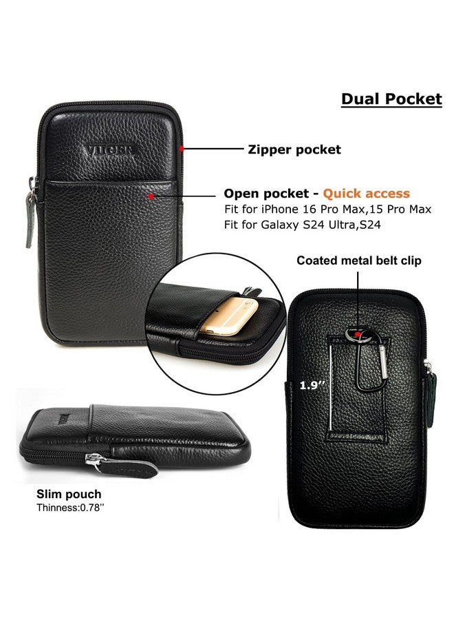 VIIGER Leather Cell Phone Pouch Cellphone Belt Clip Holster Compatible with iPhone 16 Pro Max 15 Pro Max with Phone Case Dual Pocket Universal Smartphone Belt Loop Pouch Bag for Samsung S24 Ultra  - Image 2