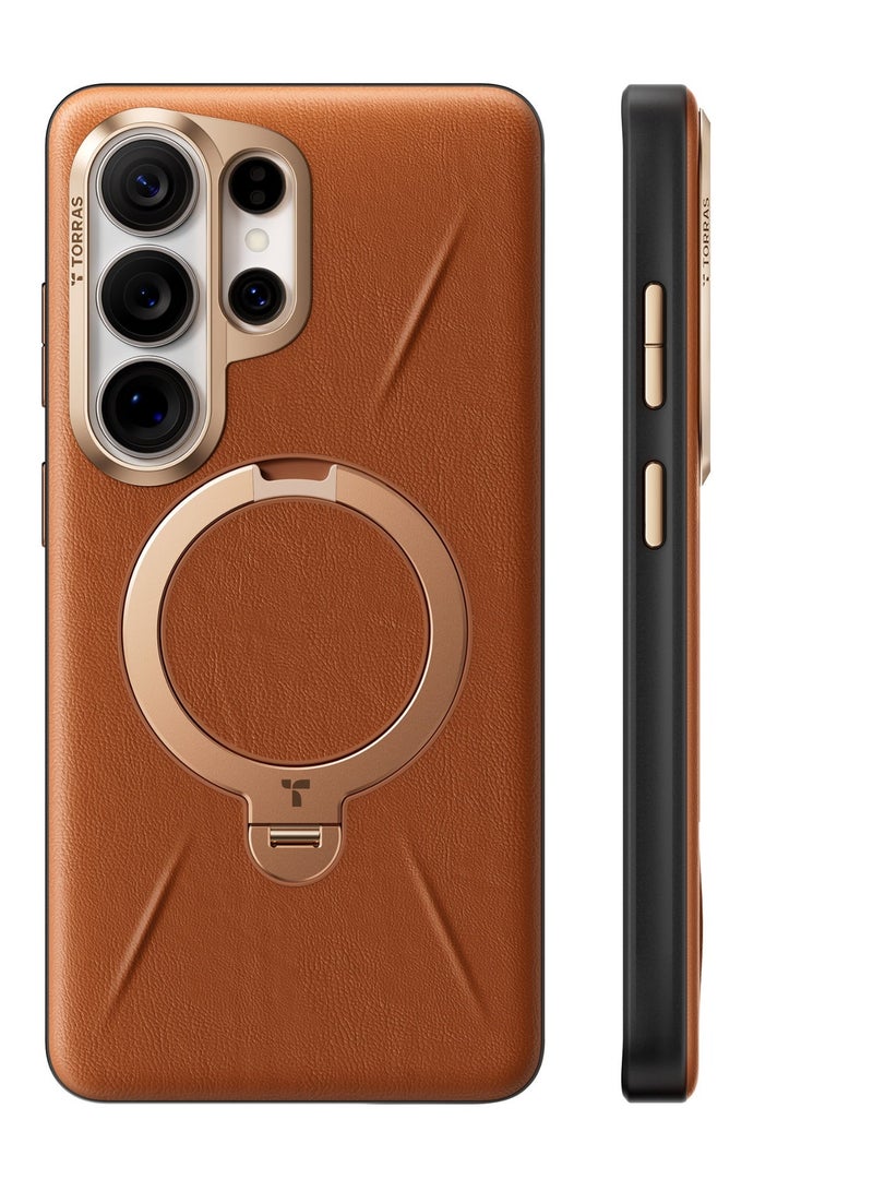 Ostand Q3  VegSkin Spin Series Case for Samsung Galaxy S26 Ultra, Leather, 360 Magnetic Stand, Fit for MagSafe, Premium Organic Silicone Leather Case, Amber Brown - Image 1