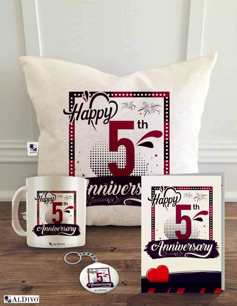 ALDIVO ALDIVO Happy 5th Anniversary Printed Combo Gift Pack 12 inch x 12 inch Printed Cushion Cover with Filler Printed Mug Printed Key Ring Printed Greeting Card - Image 1