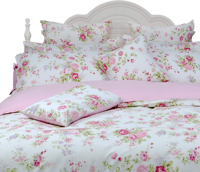 FADFAY Rose Floral Duvet Cover Set Pink Grid Cotton Girls Bedding with Hidden Zipper Closure 3 Pieces, 1duvet Cover & 2pillowcases,Full Size - Image 1
