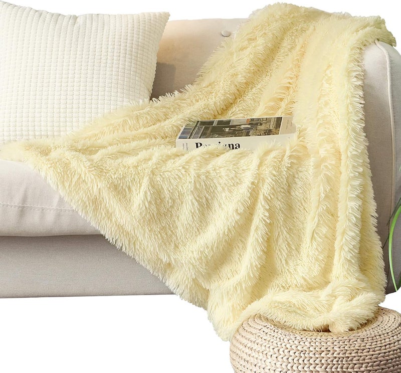Decorative Extra Soft Faux Fur Throw Blanket 50"x 60",Solid Reversible Fuzzy Warm Long Hair Shaggy Blanket,Fluffy Cozy Plush Microfiber Fleece Comfy Blanket for Couch Sofa Bed,Light Yellow