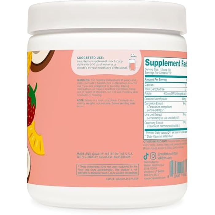 Wellah Creatine for Women (50 Servings, Strawberry Pina Colada) - Creatine Monohydrate with Dandelion & Cranberry Extract - Image 3