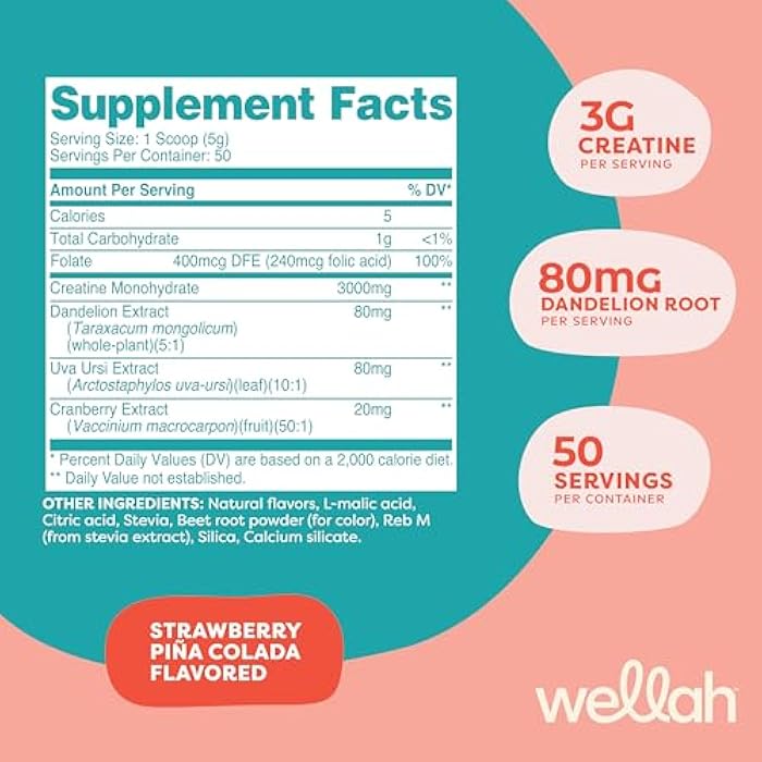 Wellah Creatine for Women (50 Servings, Strawberry Pina Colada) - Creatine Monohydrate with Dandelion & Cranberry Extract - Image 2