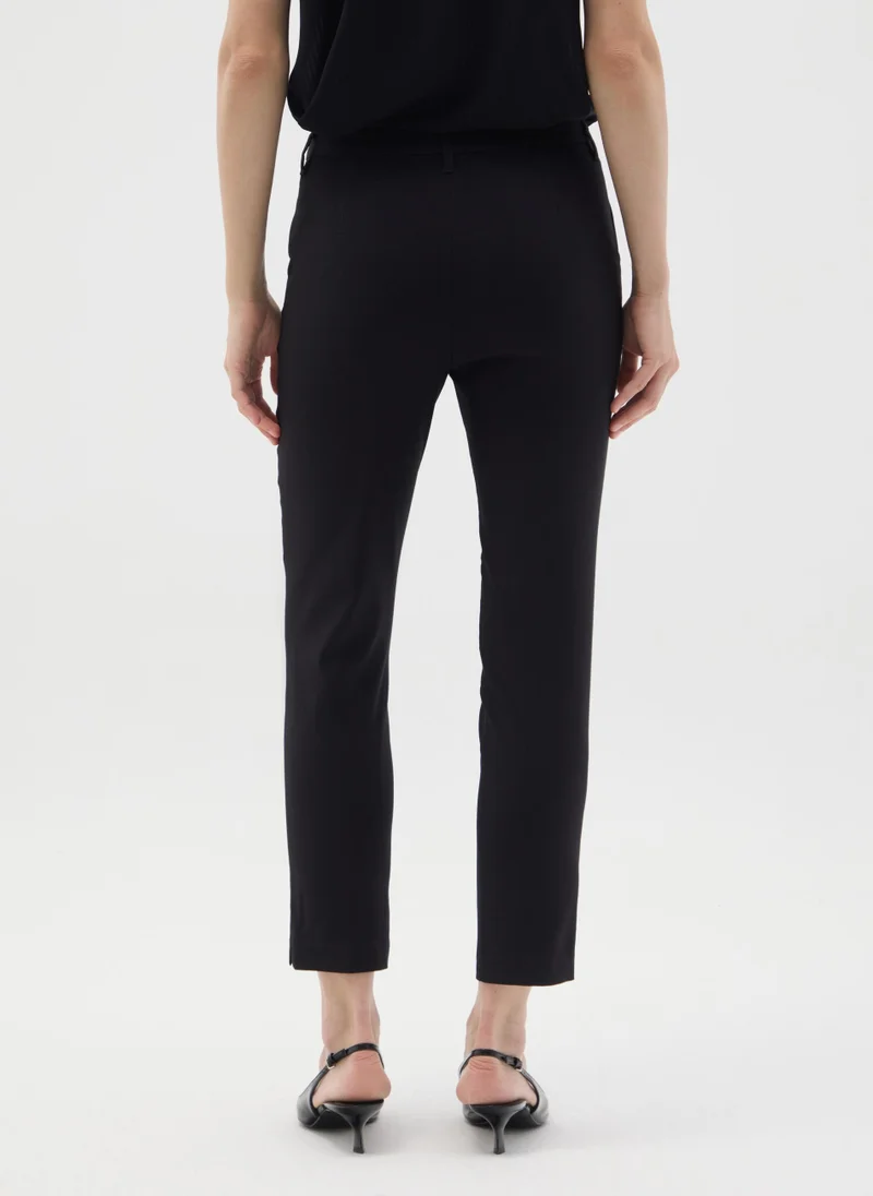 او في اس BLACK VISCOSE BLEND SLIM FIT TROUSERS