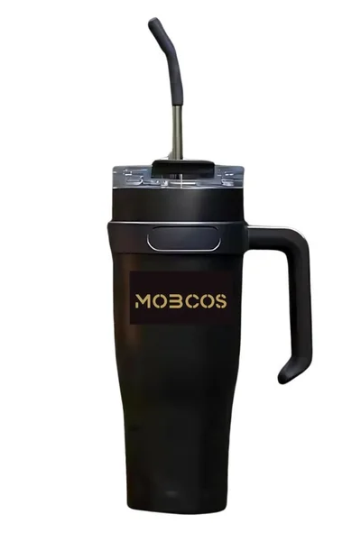 Mobcos 40oz Stainless Steel Tumbler with Handle – Leakproof, Insulated Travel Mug with Lid &amp; Straw – Reusable Double-Wall Vacuum Cup for Hot &amp; Cold Drinks for Girls and Boys for Outdoor (Black)