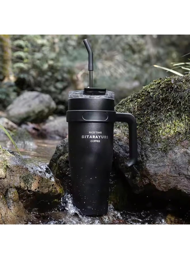 Mobcos 40oz Stainless Steel Tumbler with Handle – Leakproof, Insulated Travel Mug with Lid &amp; Straw – Reusable Double-Wall Vacuum Cup for Hot &amp; Cold Drinks for Girls and Boys for Outdoor (Black) - Image 2