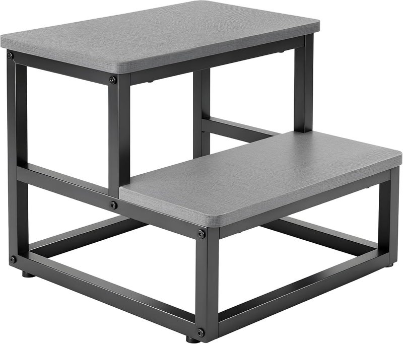 Step Stools for Adults Kids, Heavy Duty 2 Step Stool with 500 Lbs Capacity Non-Slip Feet and Rounded Edges Wooden Foot Stool for High Bed Kitchen Bathroom RV Outdoor Grey