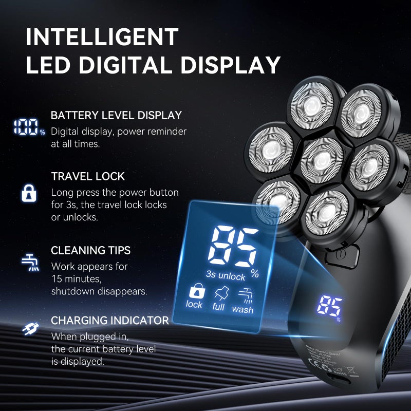 kensen 7D Head Shavers for Bald Men - 5 in 1 kensen Electric Head Hair Shaver, Head Electric Razor with Nose Hair & Beard Trimmer Cordless Rechargeable IPX6 Waterproof Wet Dry LED Display Gifts Travel Case - Image 5