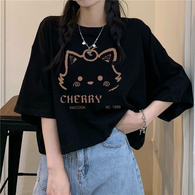 Fat Girl High Waist Short T-Shirt Korean Style Black Cotton Short-Sleeved Top Summer Loose Summer Student Print New Style - Image 2