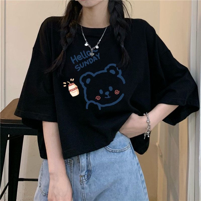 Fat Girl High Waist Short T-Shirt Korean Style Black Cotton Short-Sleeved Top Summer Loose Summer Student Print New Style - Image 5