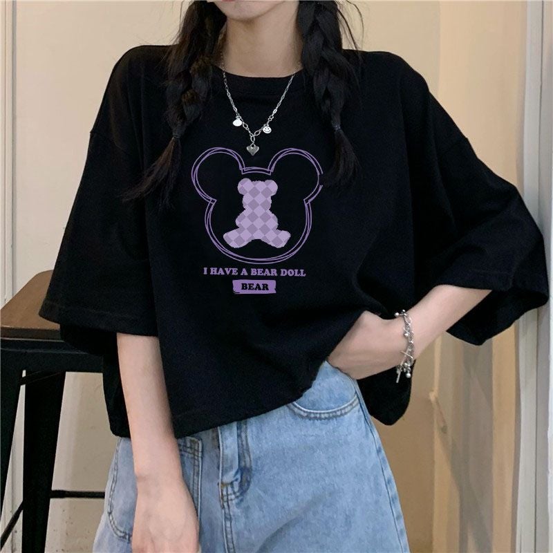 Fat Girl High Waist Short T-Shirt Korean Style Black Cotton Short-Sleeved Top Summer Loose Summer Student Print New Style - Image 3