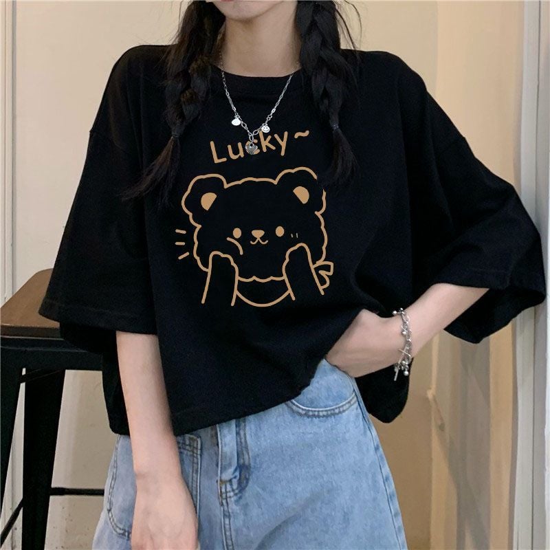 Fat Girl High Waist Short T-Shirt Korean Style Black Cotton Short-Sleeved Top Summer Loose Summer Student Print New Style - Image 4