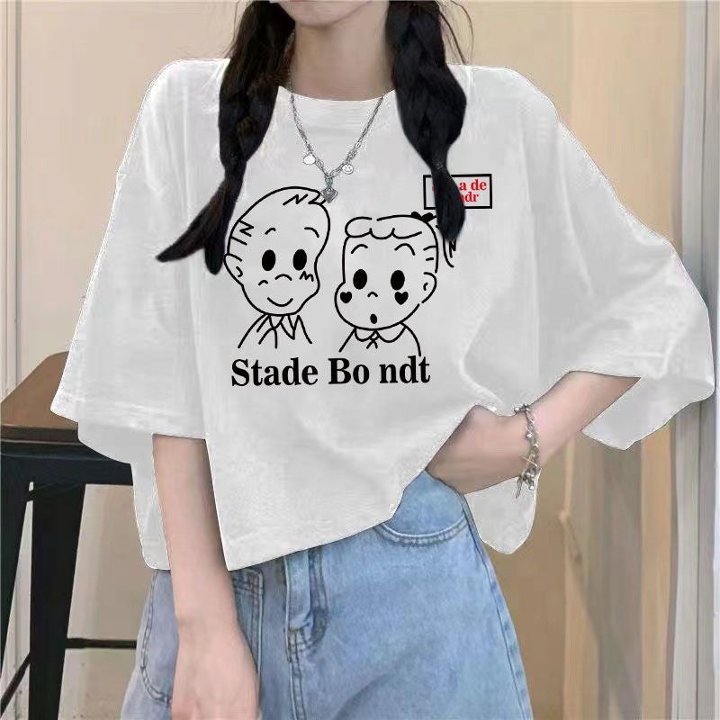 Fat Girl High Waist Short T-Shirt Korean Style Black Cotton Short-Sleeved Top Summer Loose Summer Student Print New Style - Image 1