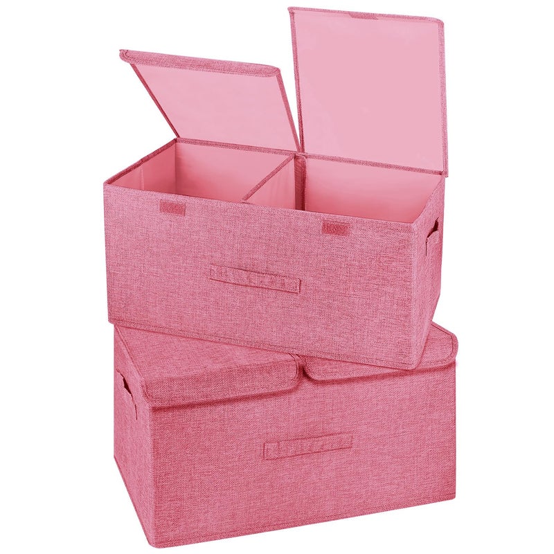 Valease 2 Pack Storage Boxes with Lids and Handles, Collapsible Linen Storage Bins Organizer Containers Baskets Cube with Removable Divider for Home Bedroom Closet Office (Pink, Large) - Image 1