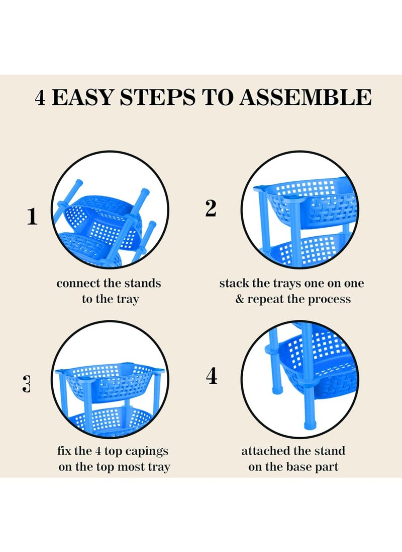 sulfar Premium Multipurpose Plastic Trolley with Dish Rack for Kitchen Vegetable Storage Basket Modern Organizer - 3 Layer Stackable Shelf Cart Kitchenware Food, Snacks, Bottles, Toys, Tiered Shelf (Blue)  - Image 4