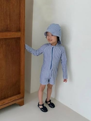 LDIOIF Baby Boys Two Piece Swimsuit Long Sleeve Rash Guard Swim Shirt &Trunks Blue Stripe Seersucker Bathing Suit 12-18 Month - Image 3