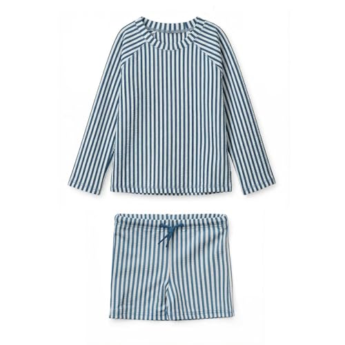 LDIOIF Baby Boys Two Piece Swimsuit Long Sleeve Rash Guard Swim Shirt &Trunks Blue Stripe Seersucker Bathing Suit 12-18 Month - Image 1