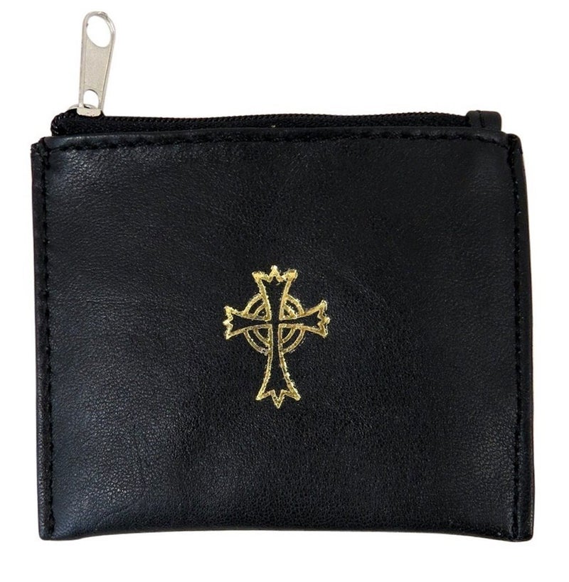 Autom Genuine Leather Lined Rosary Case with Celtic Cross Crucifix Black 3 34 Inch
