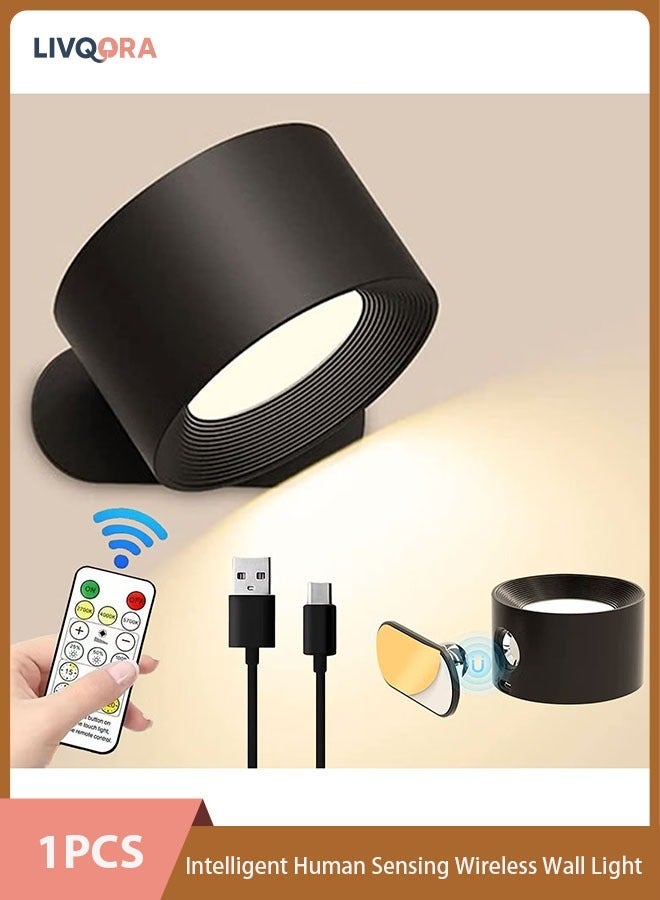 LED Motion Sensor Night Light, Rechargeable Smart Motion Sensor Wireless Wall Lamp - Dimmable 3 Color Spotlight with 360° Rotation for Wall Stair Kids Room Hallway Bedroom Cabinet Closet (Black) - Image 1