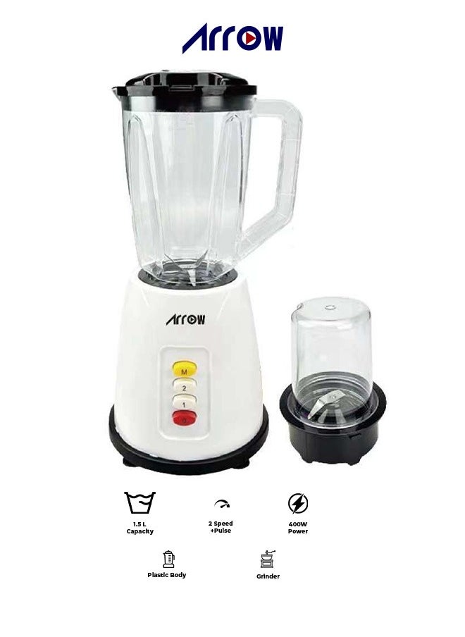 Arrow 1.5L Blender with Plastic Jar & Grinder, 400W | 2 Speeds | Special Features | Portable | White Color | Ideal for Blending & Grinding | Model Name: RO-15PBSY 