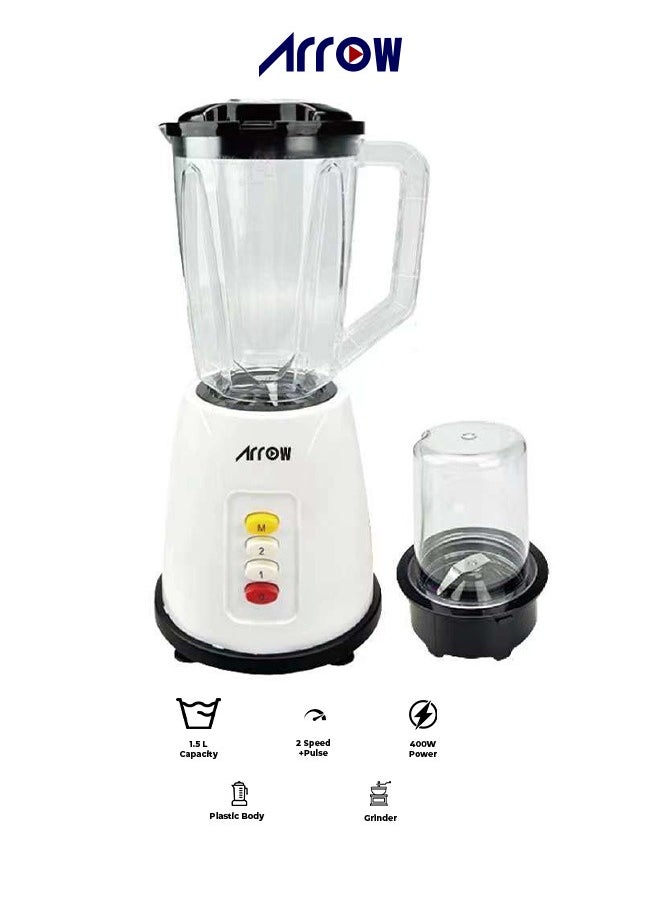 Arrow 1.5L Blender with Plastic Jar & Grinder, 400W | 2 Speeds | Special Features | Portable | White Color | Ideal for Blending & Grinding | Model Name: RO-15PBSY  - Image 1