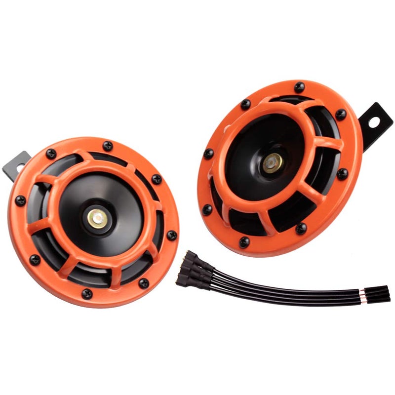 بوق سيارات FARBIN 12 فولت عالي الصوت بوق كهربائي نغمة عالية ومنخفضة مجموعة بوق معدني مزدوج للباصات والدراجات النارية والشاحنات برتقالي