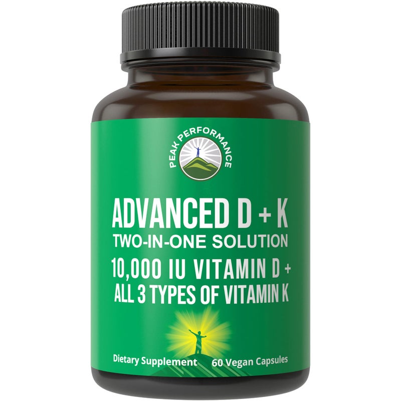 Peak Performance Advanced Vitamin D 10000 IU with All 3 Types of Vitamin K Capsules 10000 IU Vitamin D3 and Vitamin K2 K1 MK7 MK7 MK4 Supplement 60 Small and Easy to Swallow Pills