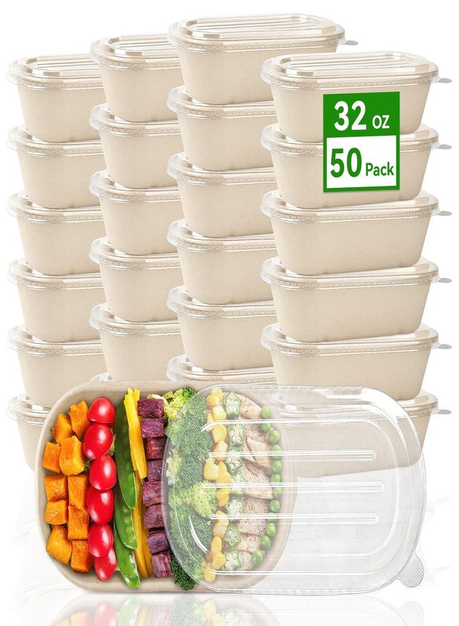 ZORRITA 50 Pack 32 oz Disposable Meal Prep Containers, Sugarcane Fiber Paper Salad Bowls with Lids Take Out Food Container for Pasta, Burrito, Leftovers - Image 1