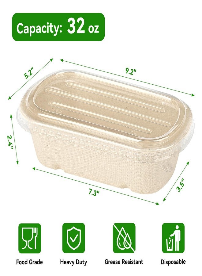 ZORRITA 50 Pack 32 oz Disposable Meal Prep Containers, Sugarcane Fiber Paper Salad Bowls with Lids Take Out Food Container for Pasta, Burrito, Leftovers - Image 2