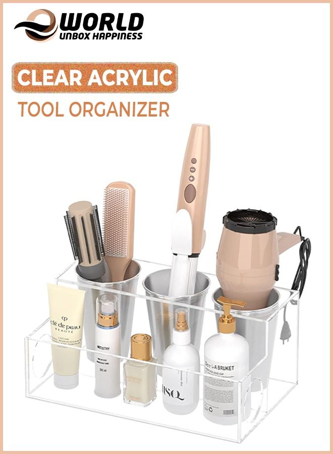 Eworld Acrylic White Hair Tools Organizer with 3 Stainless Steel cups, Ultimate Solution for Stationery, Cosmetics, Toiletries and Vanity Accessories Bathroom Countertop Storage Stand for Home, Office, Hotel - Image 1