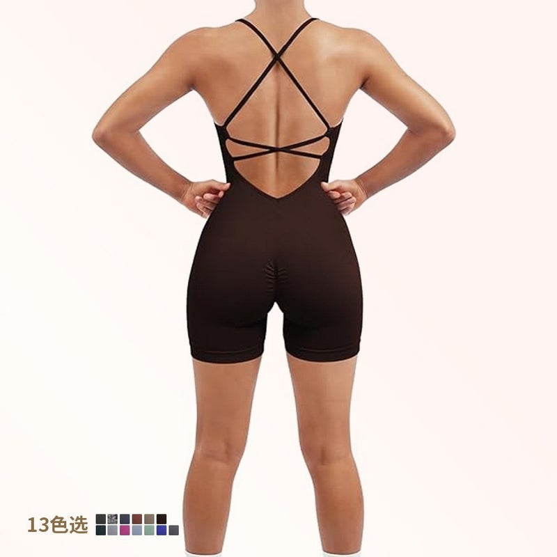 Generic Seamless Yoga Jumpsuit High-Waist Sports Bodysuit Dark brown (including chest pad)