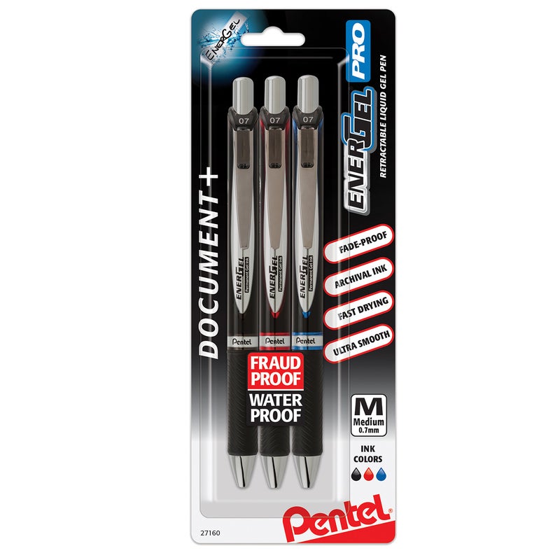 Pentel قلم حبر جل دائم من بنتل إنرجل برو، (0.7 مم) بألوان متنوعة، عبوة 3 قطع (BLP77BP3M) - Image 1