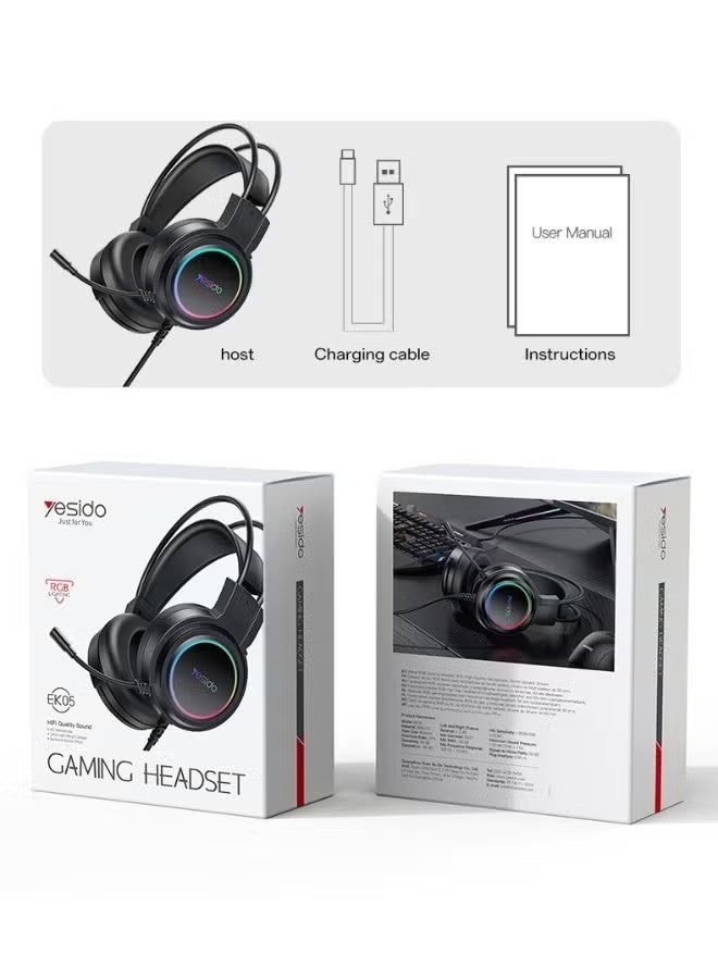 Yesido EK05 Wired RGB Gaming Headset with Noise Reducing Microphone, RGB LED Lighting, Stereo Surround Sound, Over Ear Headphones, Comfortable Gaming Headphones for PC Laptop Console Black - Image 2