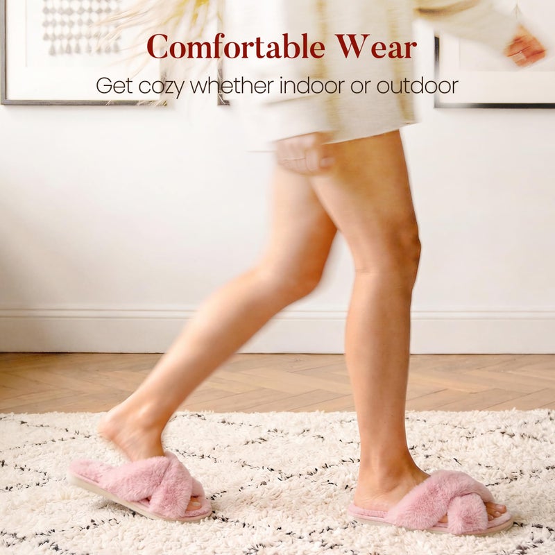 Ankis Womens Pink Fuzzy Slippers Memory Foam Cross Band Cozy House Slippers Plush Home Bedroom Fluffy Furry Open Toe Cute Soft Ladies Indoor Outdoor Soft Slipper Slides Wedding Bride Shoes Gifts - Image 5