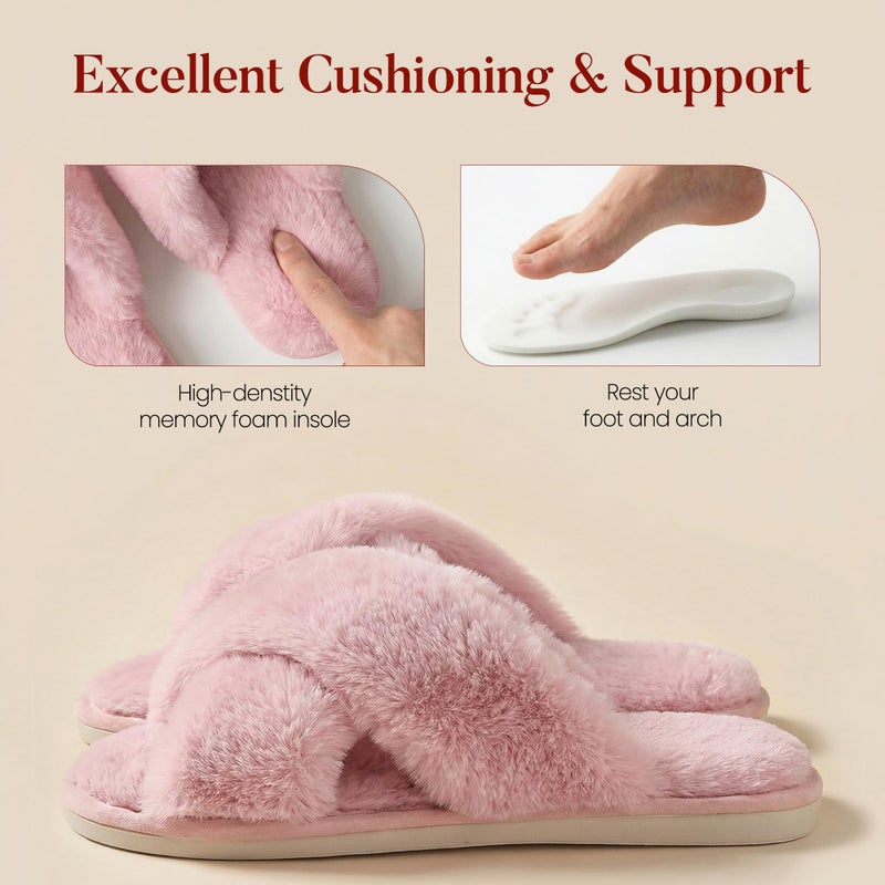 Ankis Womens Pink Fuzzy Slippers Memory Foam Cross Band Cozy House Slippers Plush Home Bedroom Fluffy Furry Open Toe Cute Soft Ladies Indoor Outdoor Soft Slipper Slides Wedding Bride Shoes Gifts - Image 4