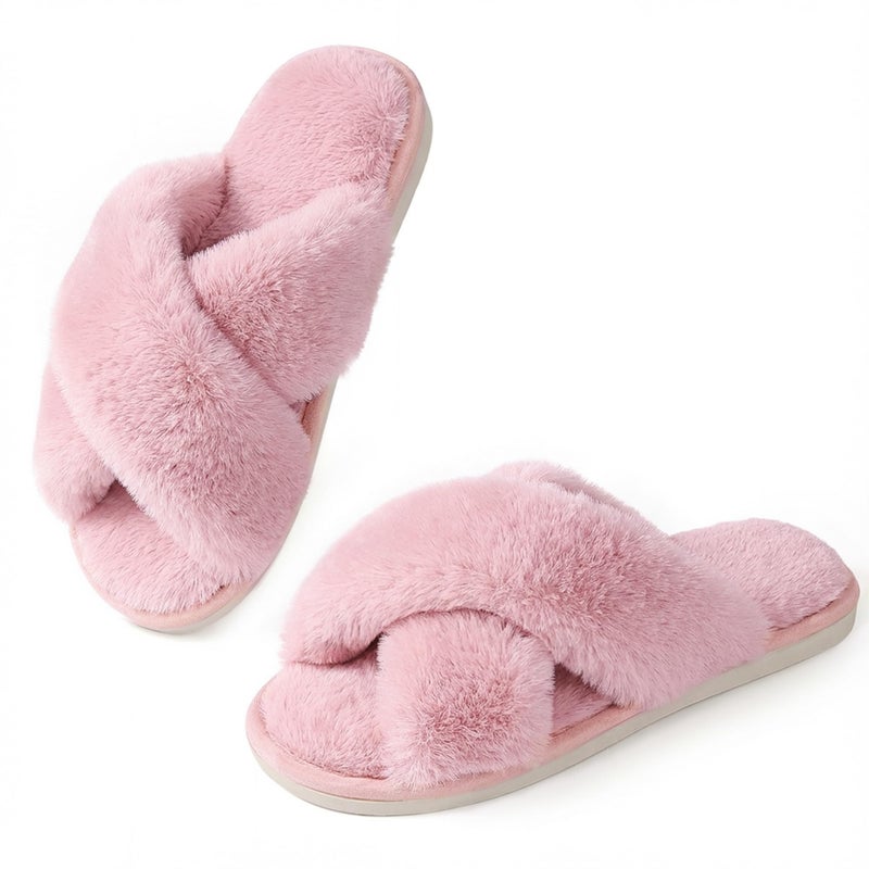 Ankis Womens Pink Fuzzy Slippers Memory Foam Cross Band Cozy House Slippers Plush Home Bedroom Fluffy Furry Open Toe Cute Soft Ladies Indoor Outdoor Soft Slipper Slides Wedding Bride Shoes Gifts - Image 1