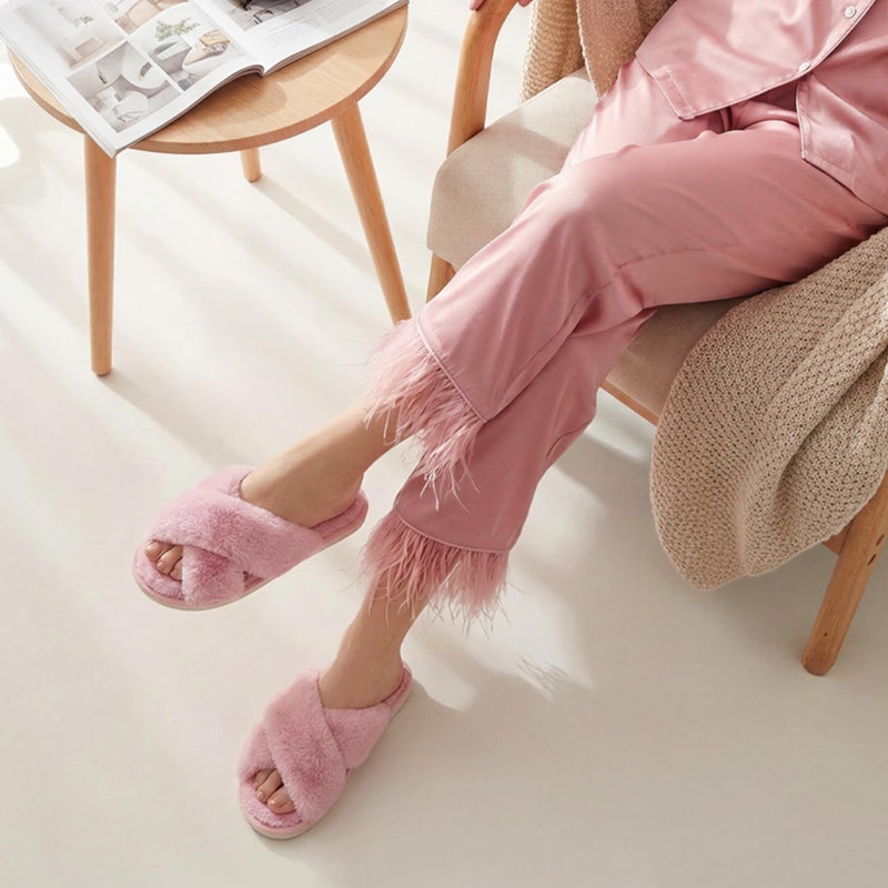 Ankis Womens Pink Fuzzy Slippers Memory Foam Cross Band Cozy House Slippers Plush Home Bedroom Fluffy Furry Open Toe Cute Soft Ladies Indoor Outdoor Soft Slipper Slides Wedding Bride Shoes Gifts - Image 2