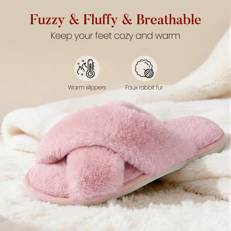 Ankis Womens Pink Fuzzy Slippers Memory Foam Cross Band Cozy House Slippers Plush Home Bedroom Fluffy Furry Open Toe Cute Soft Ladies Indoor Outdoor Soft Slipper Slides Wedding Bride Shoes Gifts - Image 3
