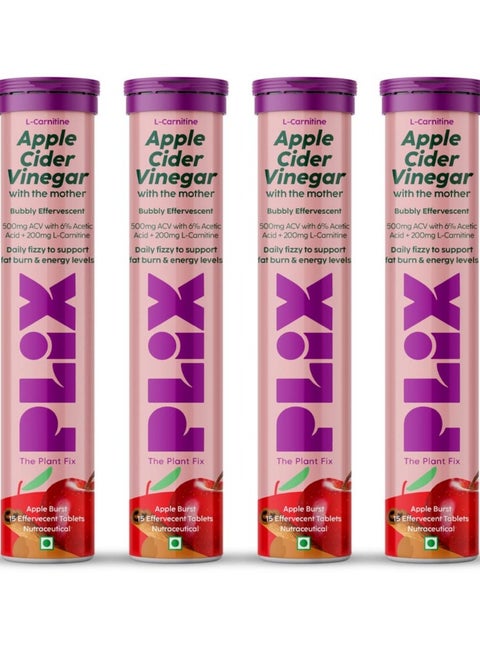 PLIX THE PLANT FIX L Carnitine ACV Effervescent Tablets  15 Tablets  Pack Of 4   With Apple and Cinnamon