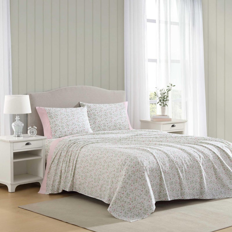 Laura Ashley Queen Size Sheet Set Crisp Lightweight Cotton Percale Bedding with Fitted Sheet and Pillowcases Floral Room Decor Deep Pocket College Dorm Room Essentials Bonnie Pink - Image 2